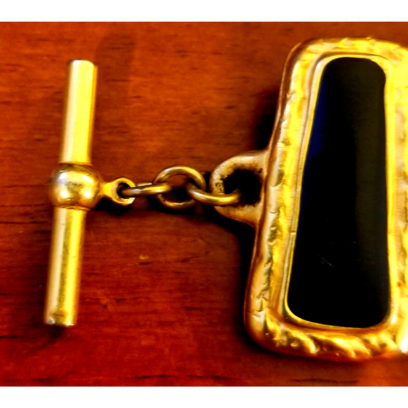 Vintage Black Enamel & Gold-Tone 9 Section Trapezoid Link Bracelet w T-Bar close - Picture 6 of 7